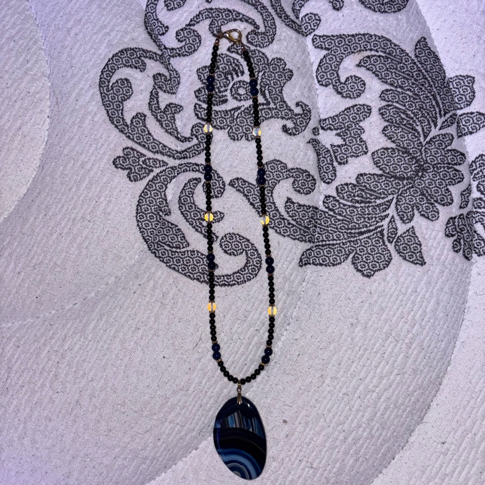 Black and Opalite Beaded Necklace with Blue Agate